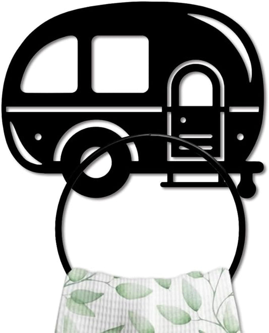 MAYJOYDIY Camping Metal Towel Ring Camping Car Hand Towel Holder Round Cartoon Car Towel Hangers Black Bathroom Towel Rack Wall Mounted for Kitchen Bath Home Laundry Room Decors Gifts