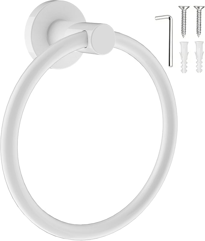 SetSail Towel Holder for Bathroom Wall Screw-in White Towel Ring Stainless Steel Hand Towel Holder Heavy Duty Towel Hanger for Bathrooms