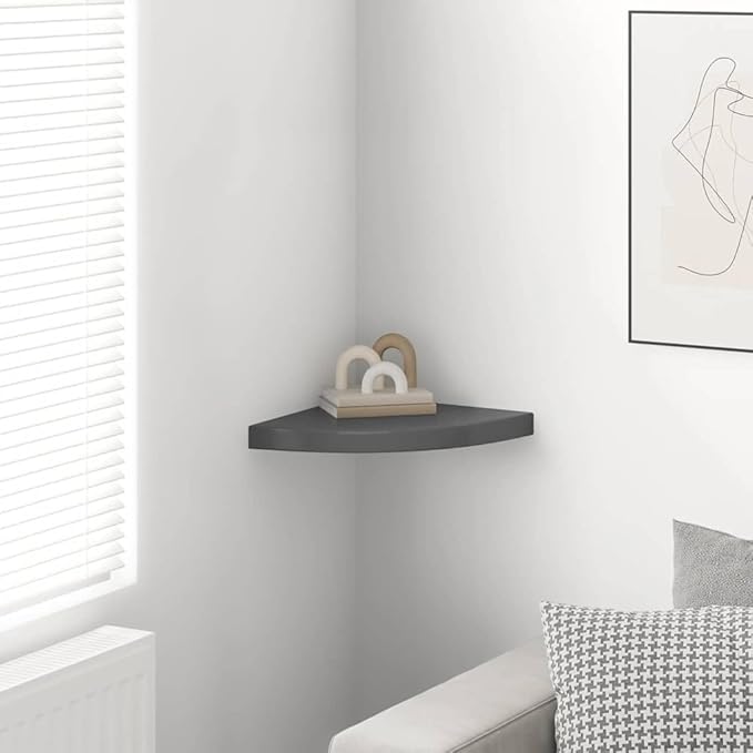 Floating Corner Shelf High Gloss Grey, Modern Wall Mounted Corner Shelves for Living Room Bedroom Office, Sturdy Decorative Display Rack 13.8 x 13.8 x 1.5 in