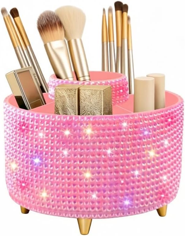 Bling Makeup Brush Holder,360° Rotating Makeup Brush Organizer,5 Slot Make up Brushes Cup for Cosmetics,Large Capacity,For Nail Polish, Art Supply, Bathroom Vanity,Cosmetics Organizer,Diamond Pink