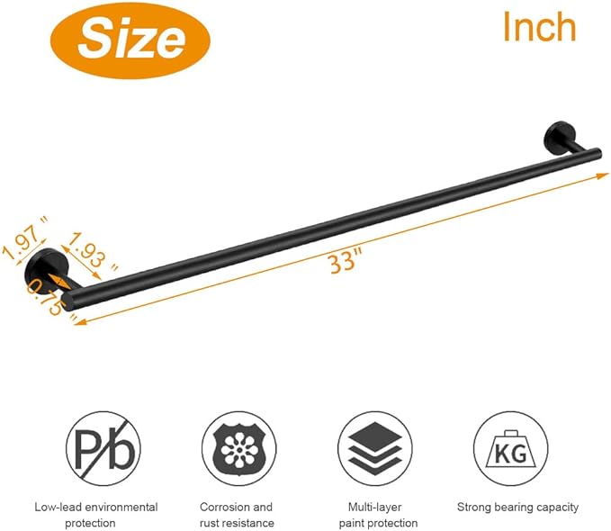 TocTen Bath Towel Bar - Thicken SUS304 Stainless Steel Bathroom Towel Holder, Towel Rod for Bathroom Heavy Duty Wall Mounted Towel Rack Hanger (33IN, Black)