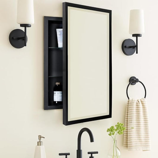 TEHOME Black Metal Framed Recessed Bathroom Medicine Cabinet with Mirror Rectangle Beveled Vanity Mirrors for Wall 16 x 24 inches