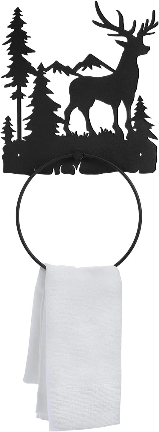 Elk Towel Ring for Bathroom Matte Black Hand Towel Holder Hardware Cabin Hand Cloth Ring Rustic Bathroom Facecloth Holders Wall Mount Round Washcloth Racks for Bath Kitchen Decor