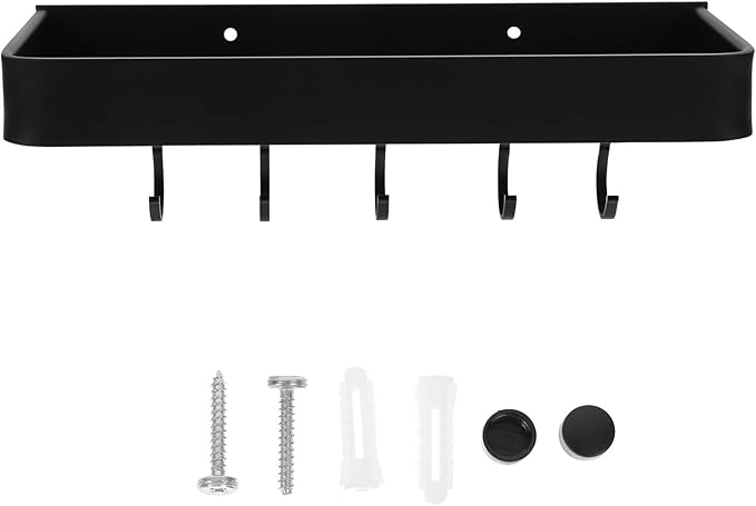 SOLUSTRE Wall-Mounted Bathroom Shelf Aluminum Holder 30cm Black with Hooks Bathroom Storage Rack Home Supply Accessory