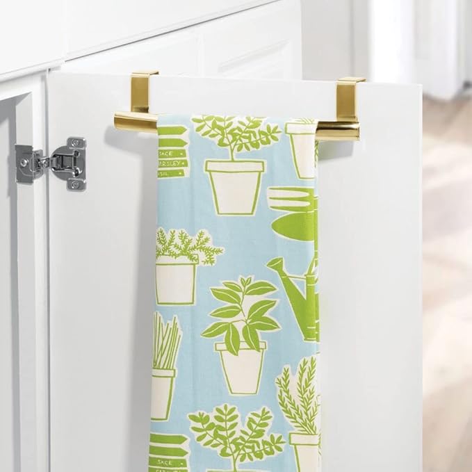 mDesign Steel Over Door Curved Towel Bar Storage, Hanger for Cabinet or Cupboard, Holder Rack for Kitchen, Bathroom - Holds Hand/Dish Towels, Washcloths - Spira Collection - Soft Brass