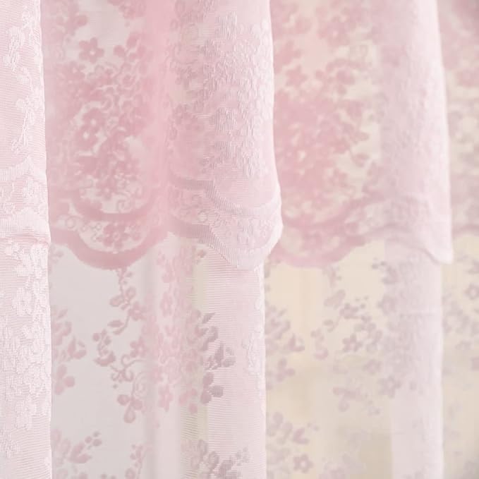 Pink Lace Shower Curtain - Vintage Shower Curtain with Attached Valance, Floral Lace Bath Curtain for Bathroom, Farmhouse Style Shabby Chic Bath Curtain Scalloped Edge, 72 x 72 Inch, 1 Panel