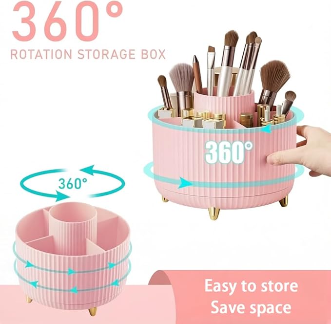 Makeup Brush Holder,360° Rotating Makeup Brush Organizer,5 Slot Make up Brushes Cup for Cosmetics,Large Capacity,For Nail Polish, Art Supply, Bathroom Vanity,Cosmetics Organizer,Pink