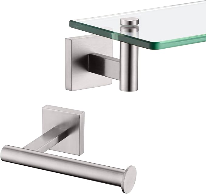 KOKOSIRI 20-Inch Bathroom Shelves Glass Floating Shelf Toilet Roll Holder Toilet Paper Holder Stainless Steel Brushed Nickel B1105BR-L20+B2008BR