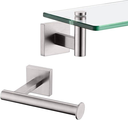 KOKOSIRI 20-Inch Bathroom Shelves Glass Floating Shelf Toilet Roll Holder Toilet Paper Holder Stainless Steel Brushed Nickel B1105BR-L20+B2008BR