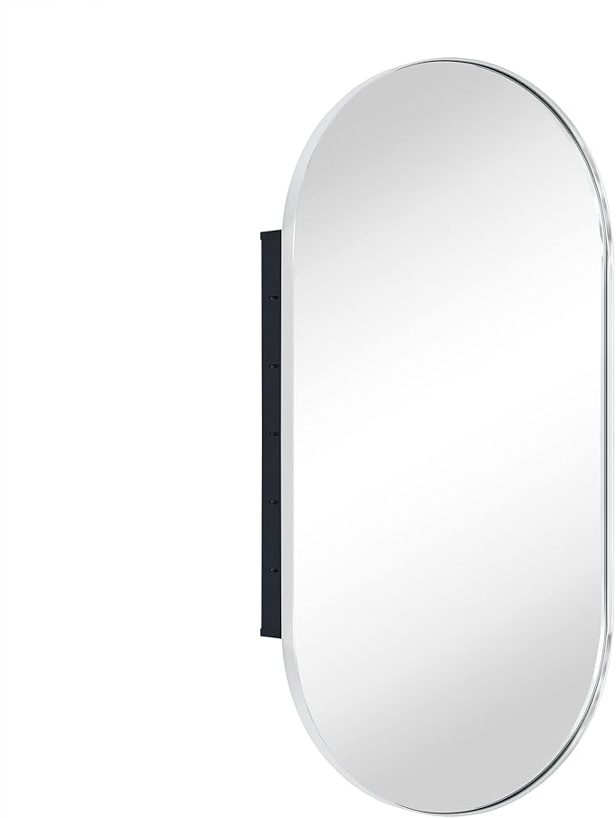 Chrome Oval Recessed Bathroom Medicine Cabinet with Mirror Stainless Steel Metal Framed Oblong Pill Shaped Bathroom Cabinet with Mirror 16x33''