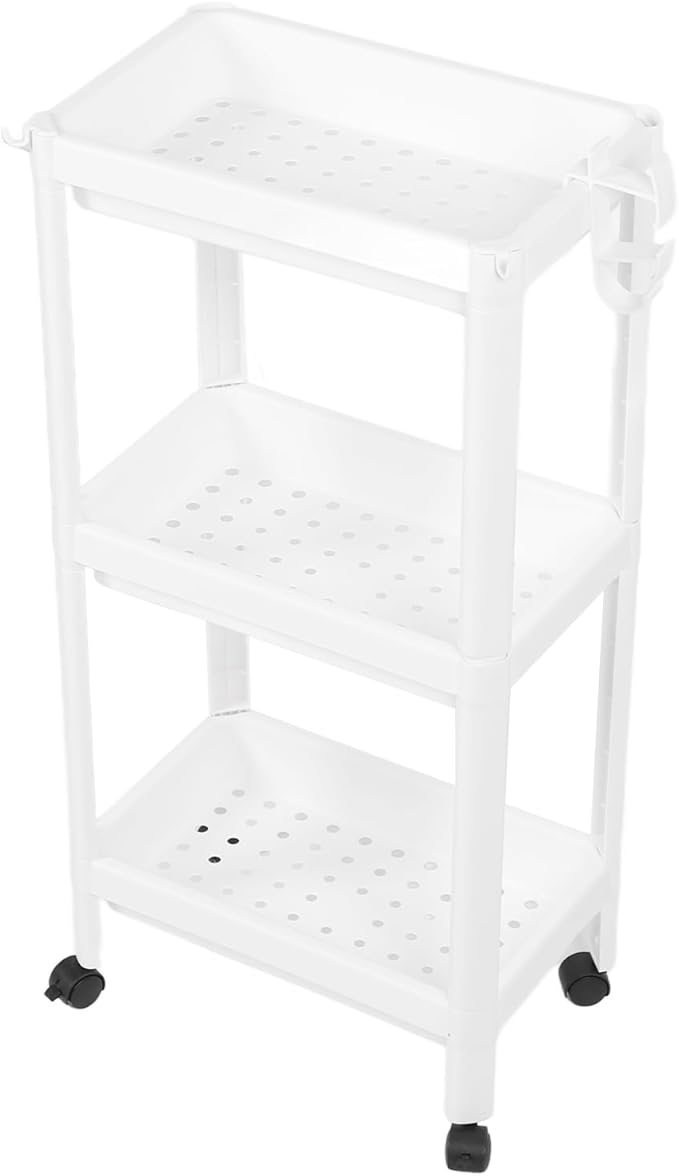Narrow Freestanding Bathroom Shelf, Space Saving Storage Rack White Laundry Shelf for Bathroom Laundry Room Kitchen Bedroom Compact Areas (3 Layers (with Wheels))