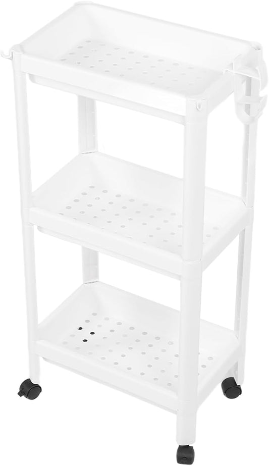 Narrow Freestanding Bathroom Shelf, Space Saving Storage Rack White Laundry Shelf for Bathroom Laundry Room Kitchen Bedroom Compact Areas (3 Layers (with Wheels))
