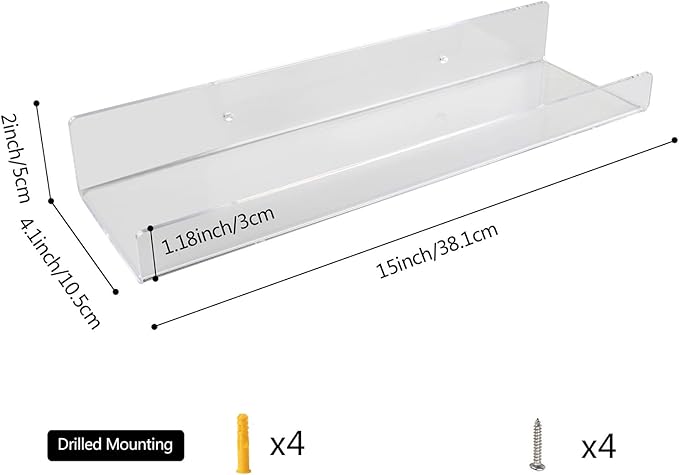 2Pcs Floating Wall Shelves Bathroom Shelf Single Layer Space Saving Organizers Clear U Shape Display Shelf Bookshelf Space Saving Organizers
