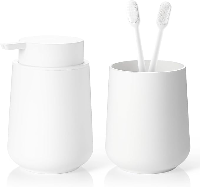 Matte White Bathroom Accessories Set Plastic Hand Soap Dispenser and Toothbrush Holders 2 Piece