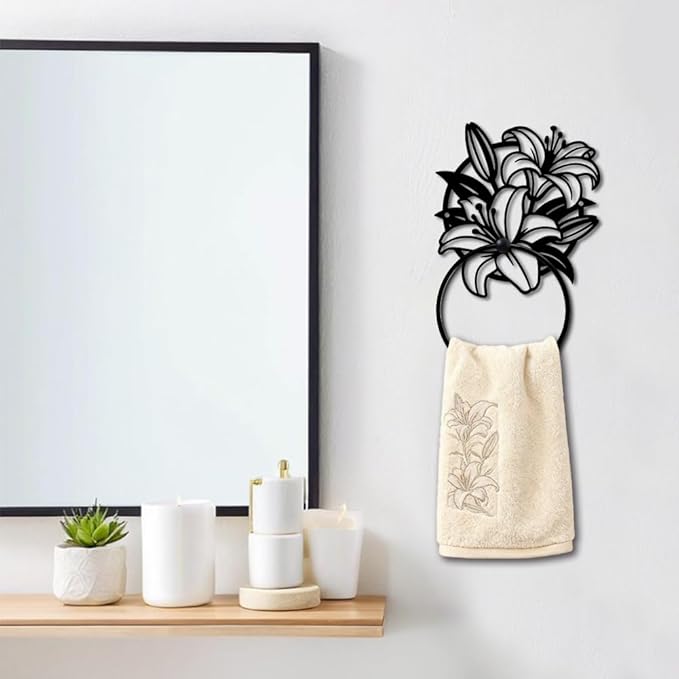 MAYJOYDIY Lily Bouquet Metal Towel Ring Round Flower Leaves Hand Towel Holder Fragrant Ring Hanger Wall Mount Black Vintage Towels Wall Organizer for Kitchen Bath Home Laundry Room Decors Gifts