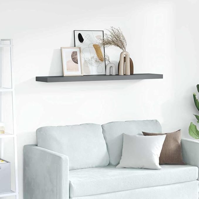 Floating Wall Shelf, Large Modern High Gloss Grey MDF Rectangular Display Shelves for Bedroom, Living Room, Home Decor, 47.2 Inch Long