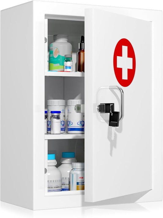 Locking Medicine Cabinet Wall-Mount: Storage Cabinet with Lock & Key - White Metal First Aid Kits for Childproofing and Family Safety