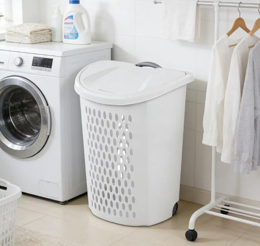 White laundry basket with wheels and handles, easy-to-move plastic rolling basket, modern style, sturdy and durable, large capacity.