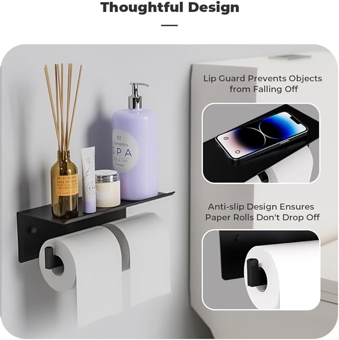 Double Toilet Paper Holder with Shelf, FreshGlow Tissue Holder Matte Black, Wall Mount Commercial Toilet Paper Dispenser Phone Shelf Stainless Steel, Tissue Roll for Bathroom