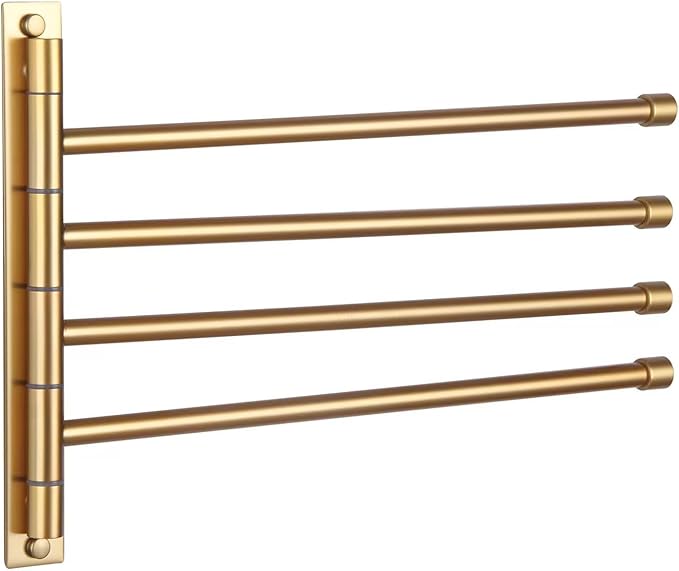 GERZWY Wall Mount Bath Towel Rack with 4 Arms Hanger Towel Holder Bathroom Swing Arm Towel Bars Organizer Stainless Steel Gold Finished HYG04-BE