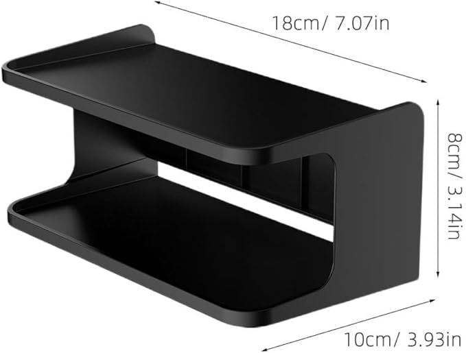 BESPORTBLE Double Layer Bedside Shelf Wall Organizer Floating Storage Rack for Bathroom Kitchen Office Space-Saving Black Wall-Mounted Shelf with Upper Tray for Mobile Phones and Personal
