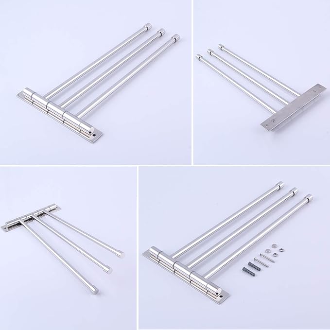 GERZWY SUS 304 Stainless Steel Bathroom Hand Towel Rack 3-Bar Folding Arm Swivel Hanger Bath Towel Holder Swing Out Towel Bar Wall Mount Polished Finish HYG03-JG