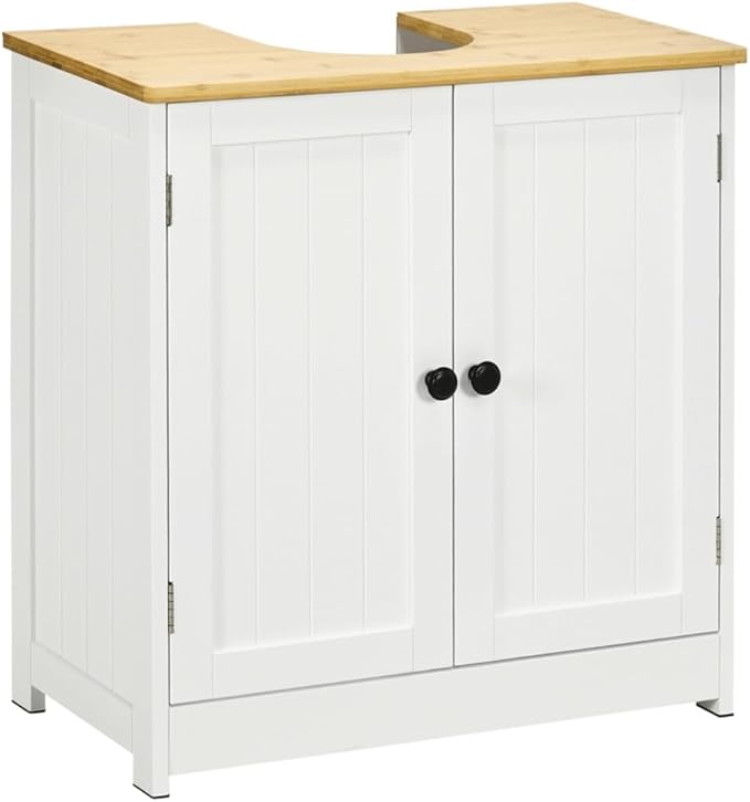 Pedestal Sink Storage Cabinet with Double Doors, Under Sink Cabinet with Shelf, Space-Saving Bathroom Vanity Wall-Mountable U Cut-Out Easy Assembly Crystal White & Walnut