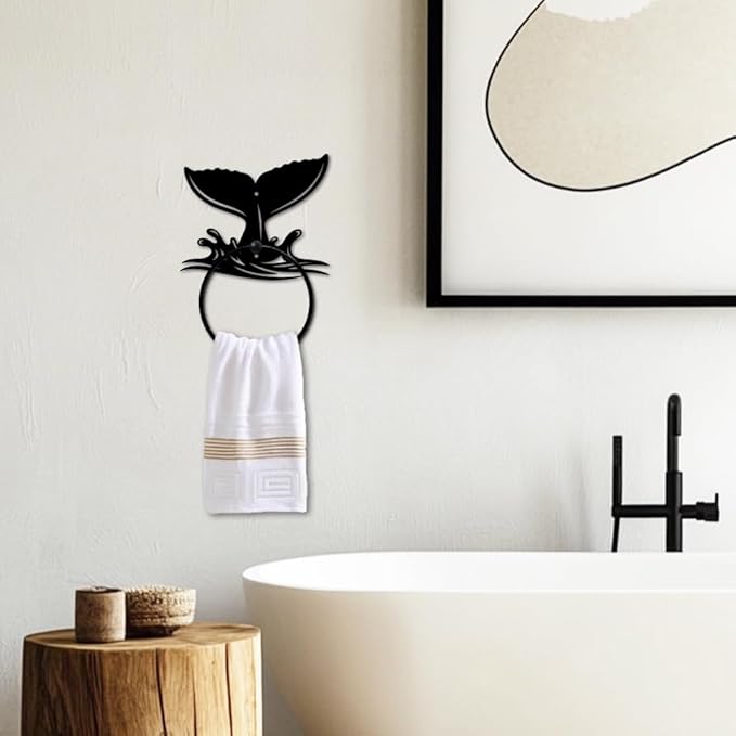 MAYJOYDIY Whale Tail Metal Towel Ring Round Fish Tail Hand Towel Holder Ocean Ring Hanger Wall Mount Black Vintage Towels Wall Organizer for Kitchen Bath Home Laundry Room Decors Gifts