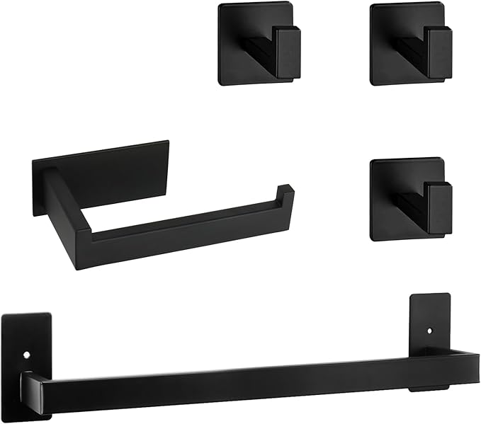 5 Pieces Self Adhesive Bathroom Hardware Set-SUS304 Stainless Steel-Towel Rack Set Include 16″Towel Bar+Toilet Paper Holder+3 Towel/Robe Hooks Bathroom Accessory (Matte Black, 16 in)