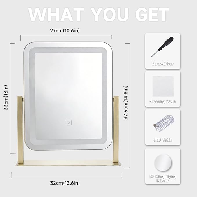 Vanity Mirror with LED Lights, 14.8x12.6 Inch Makeup Mirror, 3-Color Dimmable Touch Screen, 5X Magnification, 360° Rotation, Gold Tabletop Mirror for Bedroom Vanity