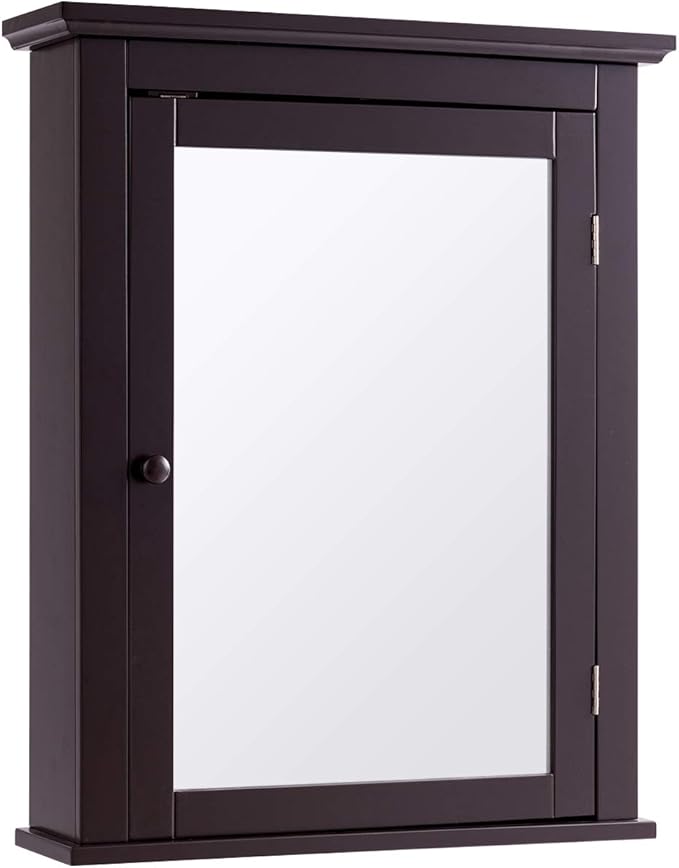 Tangkula Bathroom Cabinet with Mirror, Mirrored Wall-Mounted Storage Medicine Cabinet w/Single Door & Adjustable Shelf in 5 Positions, Multipurpose Wall Cabinet for Bathroom (Brown)