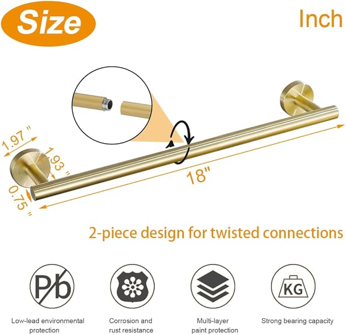 TocTen Bath Towel Bar - Thicken SUS304 Stainless Steel Bathroom Towel Holder, Towel Rod for Bathroom Heavy Duty Wall Mounted Towel Rack Hanger (18IN, Brushed Gold)