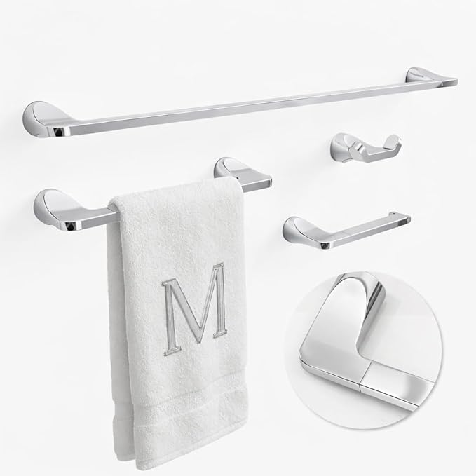 Mega Handles Bathroom Towel Holder Set - 4 Pieces Bathroom Accessories Sets - Heavy Duty Bathroom Accessory Set, 25'' Towel Bar, Robe Hooks & Toilet Paper Holder Wall Mounted - Polished Chrome Suite