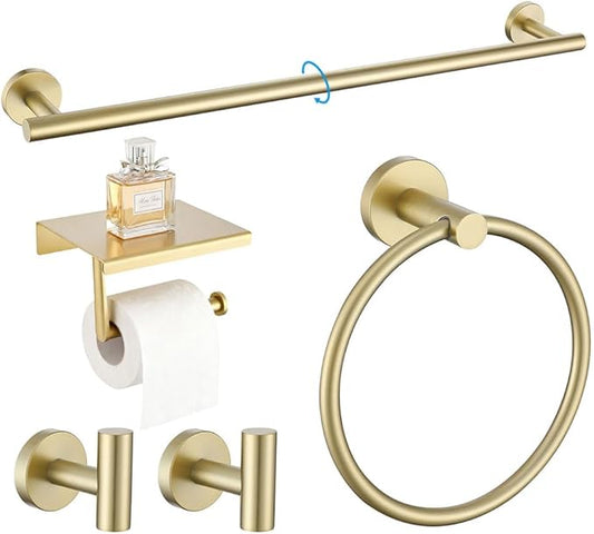 Gold 5-Piece Bathroom Hardware Set, SUS304 Stainless Steel, Round Towel Bar, Towel Ring, Toilet Paper Holder, 2 Robe Hooks, Concealed Mount, Wall Mounted Accessories for Bathroom