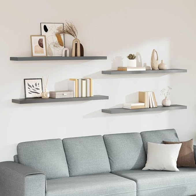 Floating Wall Shelves Set of 4, Modern Gray Wooden Display Shelves 47.2 Inch for Living Room Bedroom, Invisible Mounting, Heavy Duty MDF Board for Books Decor Plants Photos Awards