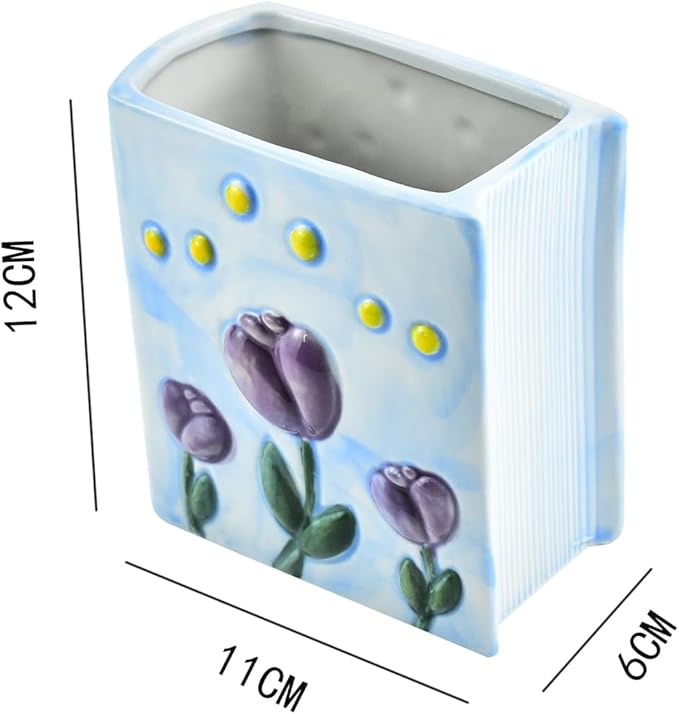 Ceramic Book Shaped Tulip Pattern Cosmetic Storage Box, Desktop Organizers Make Up Brush Storage Stand Desktop Storage Box for Brush,Pencil,Art Supplies, Painting Brush (Light Purple)