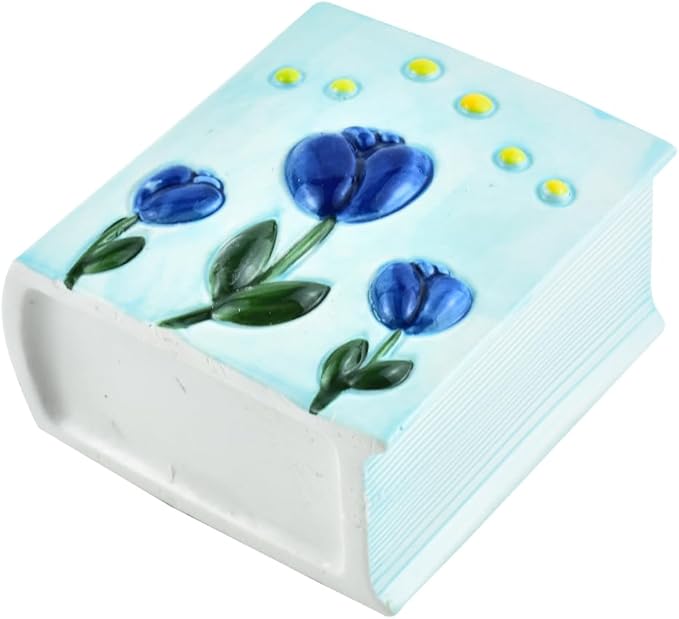 Ceramic Book Shaped Tulip Pattern Cosmetic Storage Box, Desktop Organizers Make Up Brush Storage Stand Desktop Storage Box for Brush,Pencil,Art Supplies, Painting Brush (Blue)