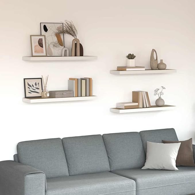 Wall Shelf Set of 4 Floating Shelves for Wall Decor, Modern Rectangular Oak and White Display Ledges for Living Room, Office, Books, and Collectibles, 31.5 Inch