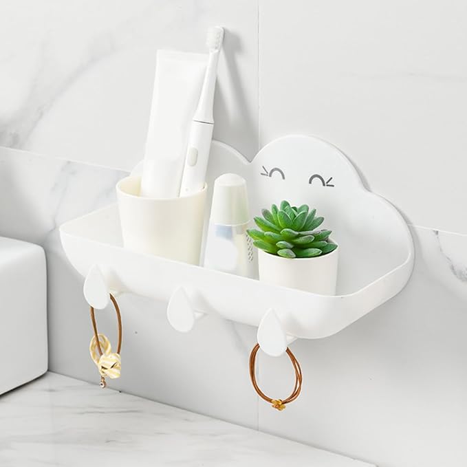 Veemoon Cloud-Shaped Wall-Mount Shelf Bathroom Storage Rack with Hooks White Metal Hanging Organizer for Home Accessories and Bathroom Essentials