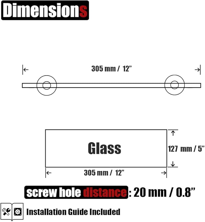 JQK Bathroom Glass Shelf Gold, Tempered Glass Shower Storage 12 by 5 inches, 304 Stainless Steel Brushed Gold Wall Mount 2 Pack, TGS101L12-BG-P2