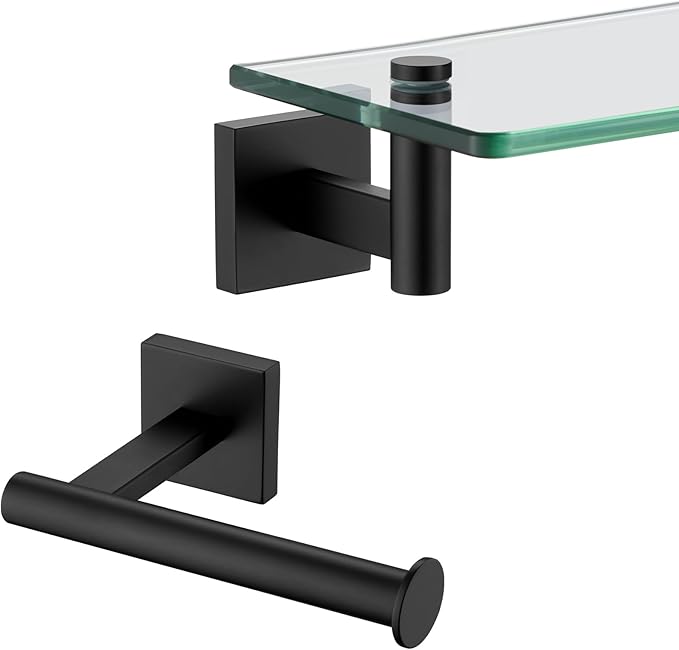 KOKOSIRI 20-Inch Bathroom Shelves Glass Floating Shelf Toilet Roll Holder Toilet Paper Holder Stainless Steel Matte Black B1105BK-L20+B2008BK