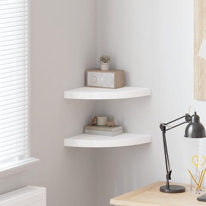 Floating Corner Shelves Set of 2, White Wall Mounted Display Shelves for Living Room Bedroom, 13.8x13.8x1.5 Inch MDF Honeycomb Corner Shelving Unit with Invisible Bracket, Easy Install Home Decor