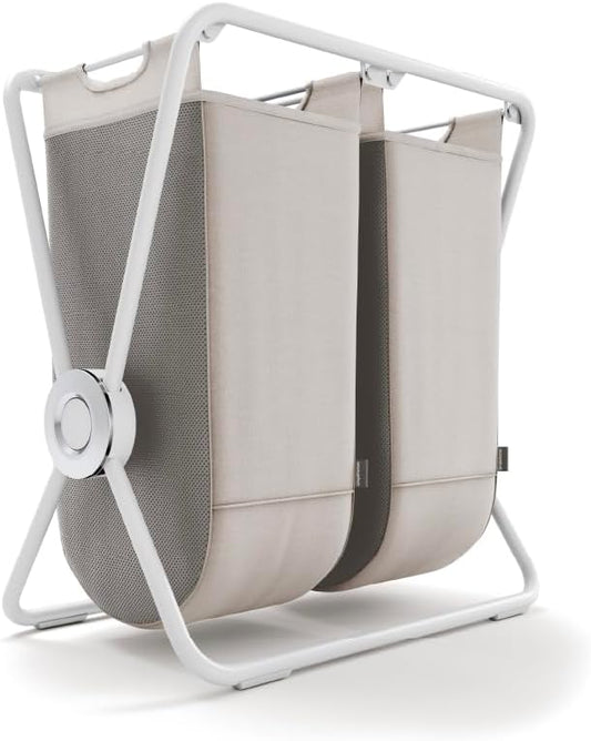 simplehuman double x-frame laundry hamper, 100% recycled polyester removable laundry baskets with easy carry handles, heavy-gauge steel frame, white, 50L + 50L