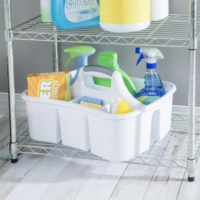 Large Plastic Utility Caddy with 4 Compartments – Heavy-Duty Storage Organizer for Cleaning Supplies, Sponges & Spray Bottles – Easy-Carry Handle (White)