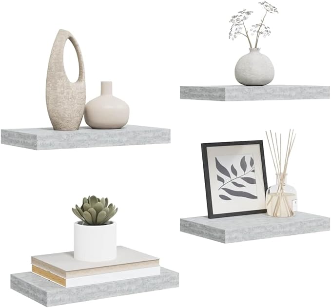 Wall Shelf Set of 4, Modern Concrete Gray Floating Shelves for Wall Decor, MDF Rectangular Display Shelving Unit for Living Room, Office, Bedroom Storage
