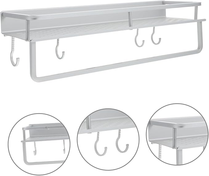 HEALLILY 1set Multi-Functional Wall-Mounted Storage Shelf for Bathroom Kitchen Heavy-Duty Hollow Rack Hooks Space-Saving Organizer for Toiletries and Seasoning Bottles Stylish Design