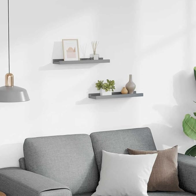 Floating Ledge Shelves Set of 2, 15.7 inch Gray MDF Wall Mounted Display Shelf for Picture Frames, Decorative Wall Decor for Living Room, Minimalist Storage Rack