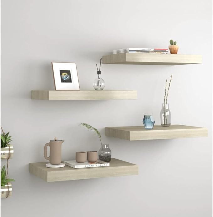 Floating Wall Shelves 4 pcs Oak Wood MDF 15.7x9.1x1.5 Invisible Mounting Display Rack for Living Room Bedroom Kitchen Decor Books Plants Photos