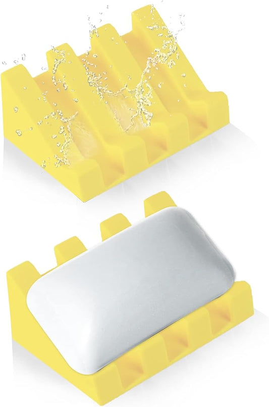 Silicone Soap Dish for Bar Soap Holder for Shower Bathroom Self Draining Waterfall Drying Tray Keep Soap Bars Dry Clean & Easy Cleaning (Yellow, 2)