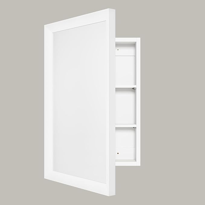 AGDULL Retro-Style Medicine Cabinet with 17’’x27’’ Solid Wood Mirror Frame, Bathroom Recessed Wall Cabinet, Living Room Wood Storage Cabinet, White